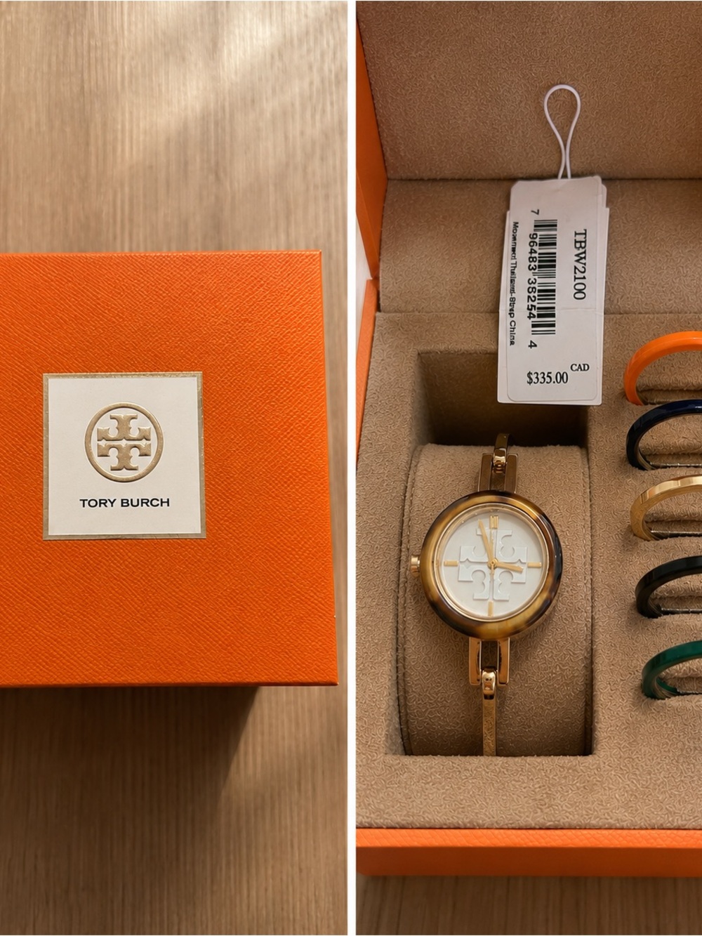 Tory Burch Gold Bangle Watch with White Dial and Colorful Interchangeable Bezels